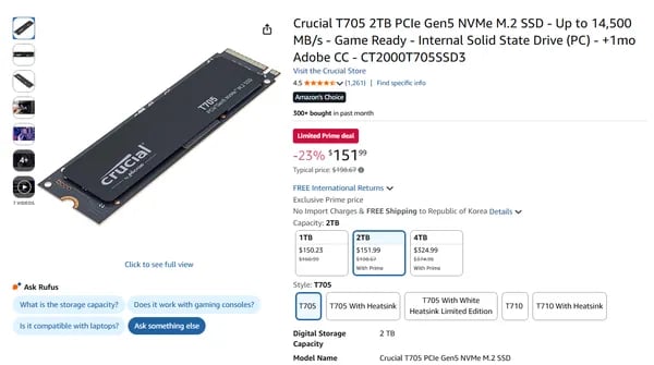 Crucial T705 2TB PCIe Gen5 NVMe M.2 SSD