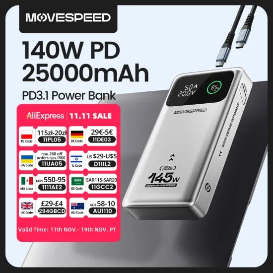 MOVESPEED M25Pro 140W 파워 뱅크 25000mAh PD3.1 고속 충전 휴대용 외장 배터리
