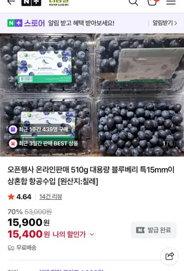 생 블루베리 대과 15mm이상 510g 2팩