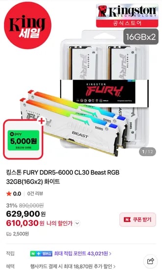 킹스톤 FURY DDR5-6000 CL30 Beast RGB 32GB 57.6만