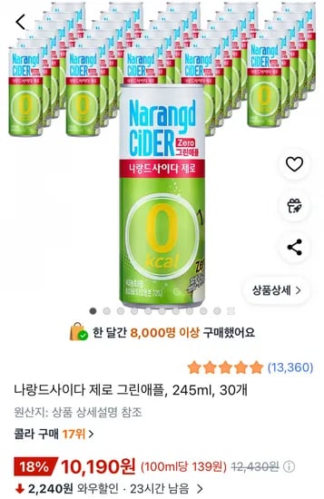 나랑드사이다 제로 그린애플, 245ml, 30개