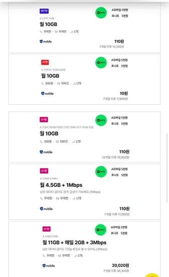 포니또 U+  20GB/100분/100건 12개월