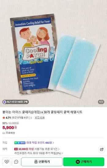 붙이는 아이스 쿨패치(2개입)x30개 쿨링패치 해열시트