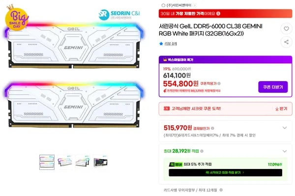GeIL DDR5-6000 CL38 GEMINI RGB White 패키지 32GB(16Gx2)