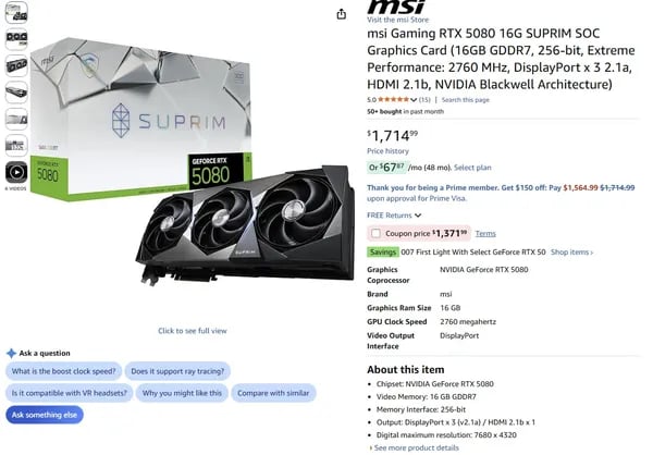 MSI Gaming RTX 5080 16G SUPRIM SOC