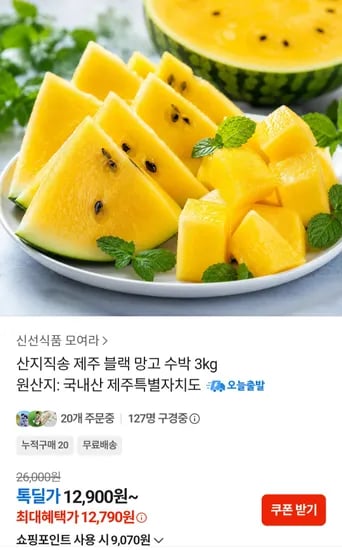 제주 블랙 망고 수박 3kg (12,790원 / 무배)
