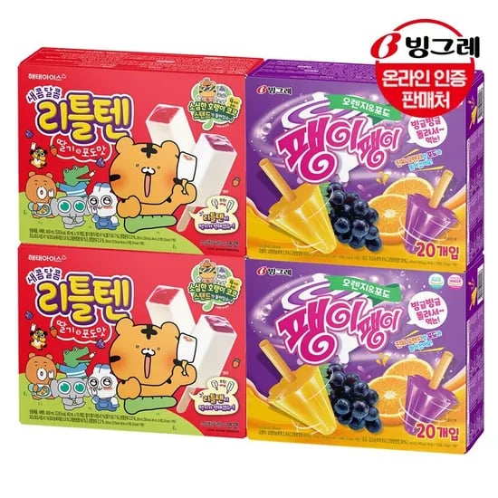 해태 리틀텐 딸기포도/빙그레 팽이팽이 4개 세트 (18,820원/무료)