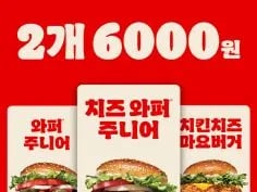 치즈와퍼주니어 또는 치킨치즈마요버거 2개