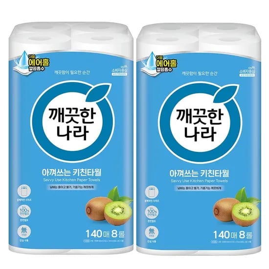 깨끗한나라 아껴쓰는 키친타월, 140매, 8롤, 2팩