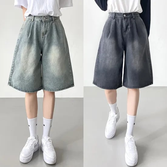 5부 비조버튼 핀턱 와이드 데님 팬츠, 블루, S