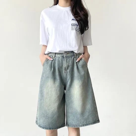 5부 비조버튼 핀턱 와이드 데님 팬츠, 블루, XL