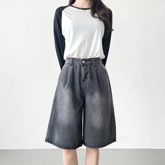 5부 비조버튼 핀턱 와이드 데님 팬츠, 흑청, M