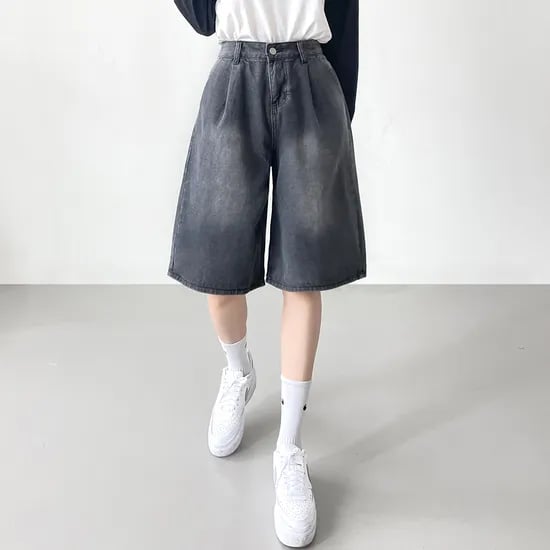 5부 비조버튼 핀턱 와이드 데님 팬츠, 흑청, L