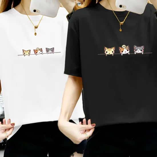 오원 고양이 반팔티, 검정 1장 + 흰색 1장, 2장