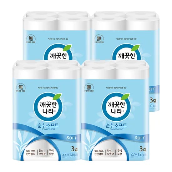 깨끗한나라 순수 소프트, 3겹, 27m, 12롤, 4팩