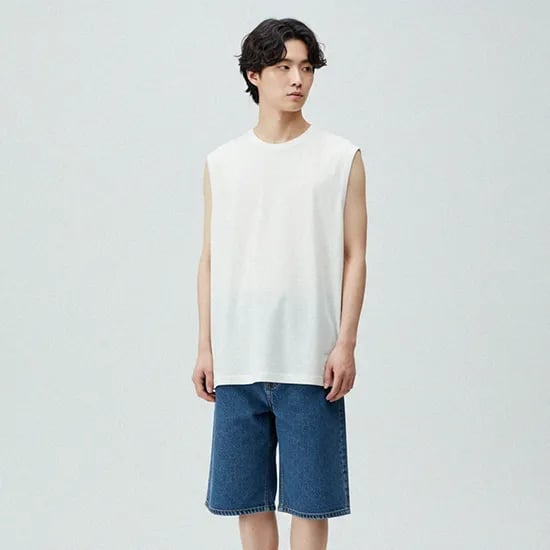 ALBETE 오버핏 헤비웨이트 무지 민소매 나시, 화이트, 2, 1개