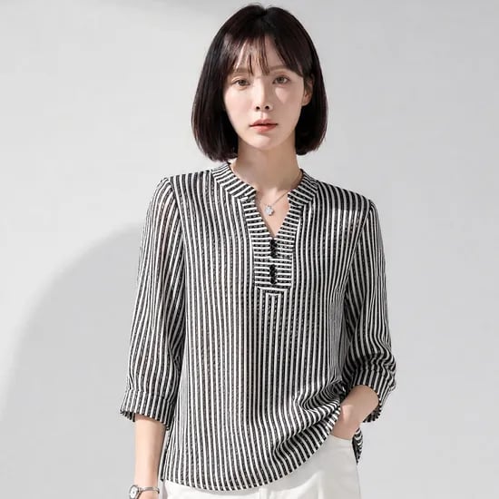 화세 레트로 스트라이프 블라우스 HB5MBL233C, 블랙, FF(55-77), 1개