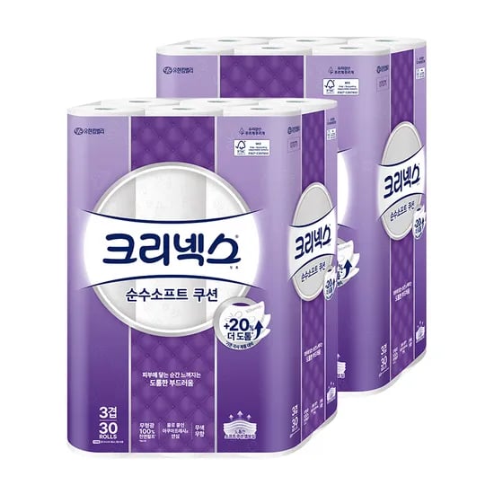 크리넥스 순수소프트 쿠션 화장지, 3겹, 25m, 30롤, 2개