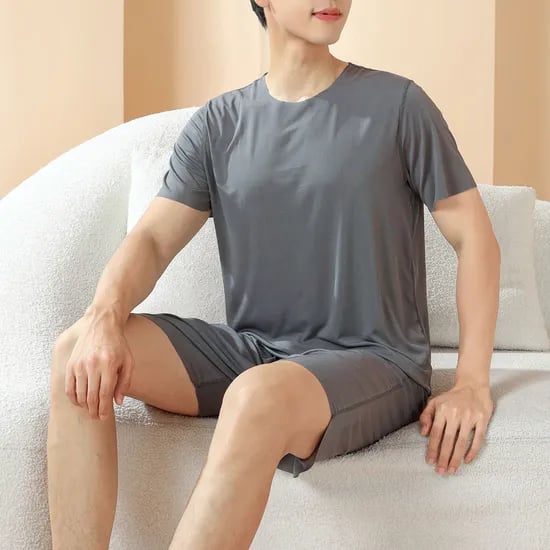 남성 냉감 상하반팔 잠옷세트 홈웨어 시원하고 편한 잠옷, 그레이, L(90-100)