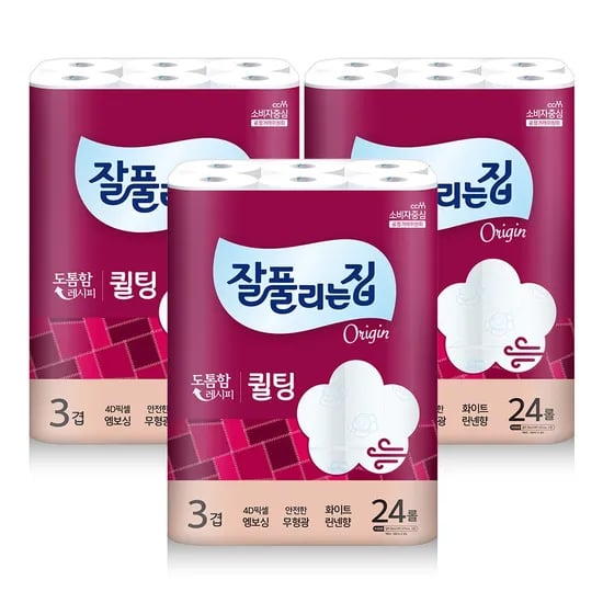잘풀리는집 퀼팅 3겹 와이드광폭 화장지, 24롤, 30m, 3팩