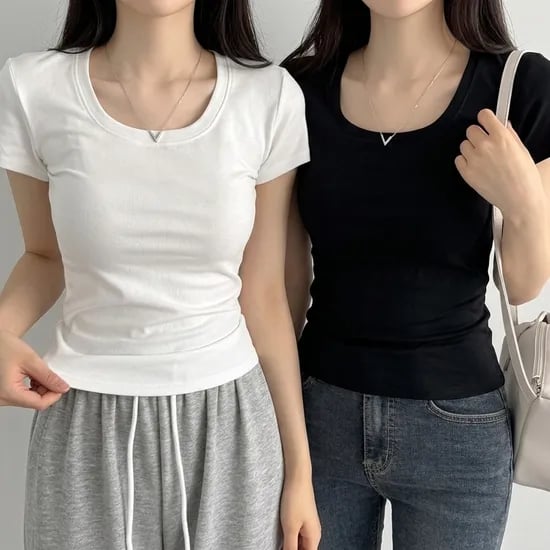 KKAEBIDA 여성 무지 반팔 티셔츠, 화이트+블랙, FREE, 1개