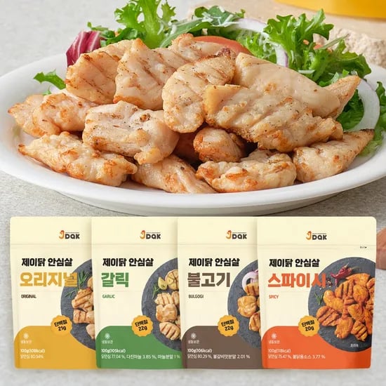 제이닭 오븐구이 닭안심살, 오리지널, 갈릭, 바베큐, 스파이시, 100g, 30개