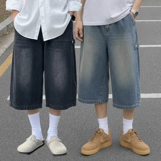 데님 스냅 버뮤다 와이드 사이드핀턱 오버핏 캐주얼 데님팬츠, 머드중청, FREE, 1개