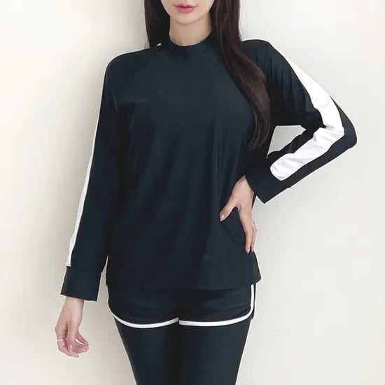 커플 남여공용 긴팔 라인 루즈핏 래쉬가드 세트 SW0134, 단일색상, 여성 XL