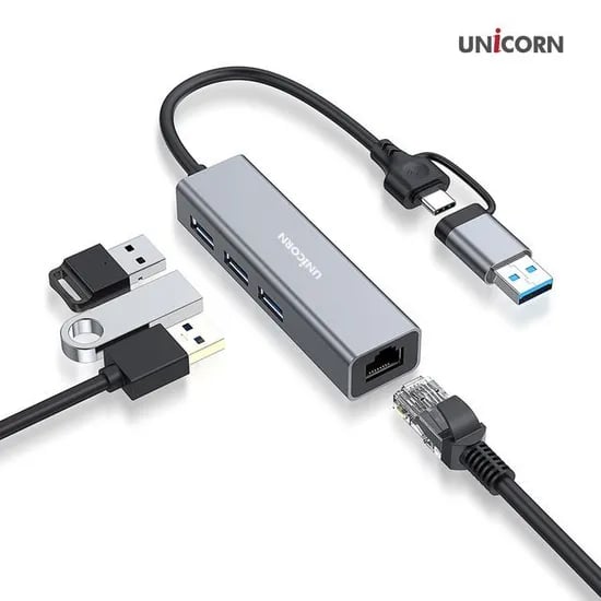 유니콘 USB A+C타입 USB 허브 유선 랜 어댑터, CLAN-200HC, 1개