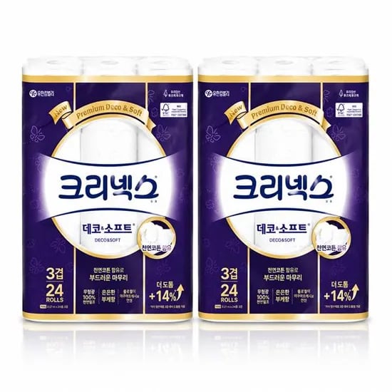 크리넥스 데코&소프트, 3겹, 28m, 24롤, 2팩