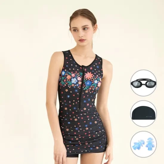 베이직엘르 여성용 반집업 패턴 셔링 반전신 실내수영복, 블랙, 2XL, 4종세트, 1개