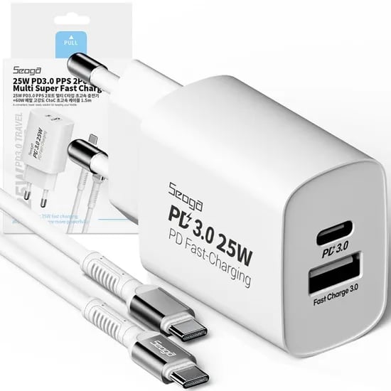 서가 25W PD3.0 PPS 2포트 멀티 초고속 충전기, SG-PDC2500A, 화이트, 1개 + 60W PD CtoC 고급형 케이블, 1개
