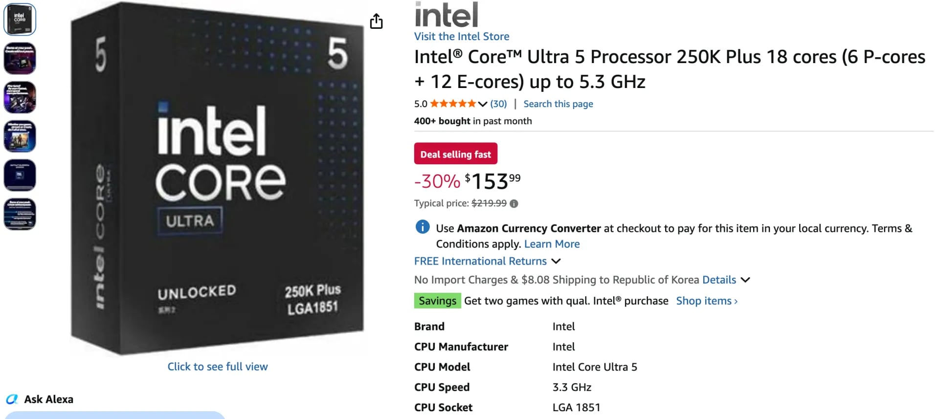 인텔 코어 울트라 5 250K Plus ($153.99 / $8.08)
