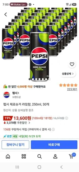 펩시 제로슈거 라임향 250ml 30개 펩시 제로슈거 라임향 250ml 30개