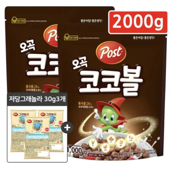 포스트 오곡코코볼 시리얼 1kg 2개 + 그래놀라 저당렌틸오트 30g 3개 증정 12,170원 포스트 오곡코코볼 시리얼 1kg 2개 + 그래놀라 저당렌틸오트 30g 3개 증정 12,170원