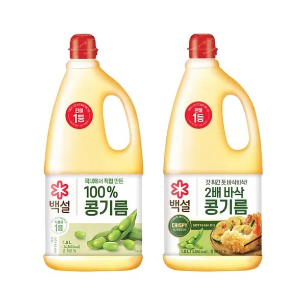 CJ제일제당 백설 콩기름 1800ml + 2배 바삭 콩기름 1800ml 세트 CJ제일제당 백설 콩기름 1800ml + 2배 바삭 콩기름 1800ml 세트