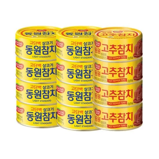 동원 라이트 스탠다드 참치 150g 8캔 외 고추참치 150g 4캔 총 12개 동원 라이트 스탠다드 참치 150g 8캔 외 고추참치 150g 4캔 총 12개