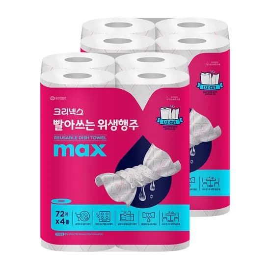 크리넥스 빨아쓰는 위생행주 MAX 72매 4롤 2팩 크리넥스 빨아쓰는 위생행주 MAX 72매 4롤 2팩
