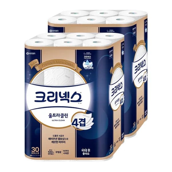 크리넥스 4겹 울트라클린 화장지 30롤 25m 2팩 크리넥스 4겹 울트라클린 화장지 30롤 25m 2팩