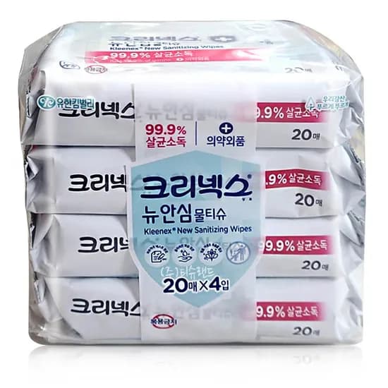 크리넥스 뉴 안심 물티슈 99.9 살균 소독 휴대용 20입 4팩 크리넥스 뉴 안심 물티슈 99.9 살균 소독 휴대용 20입 4팩
