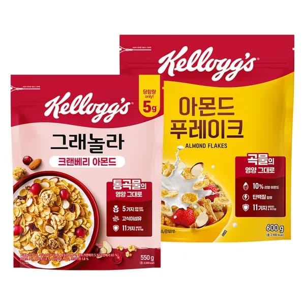 켈로그 아몬드 푸레이크 600g + 크랜베리 아몬드 그래놀라 550g 1세트 켈로그 아몬드 푸레이크 600g + 크랜베리 아몬드 그래놀라 550g 1세트