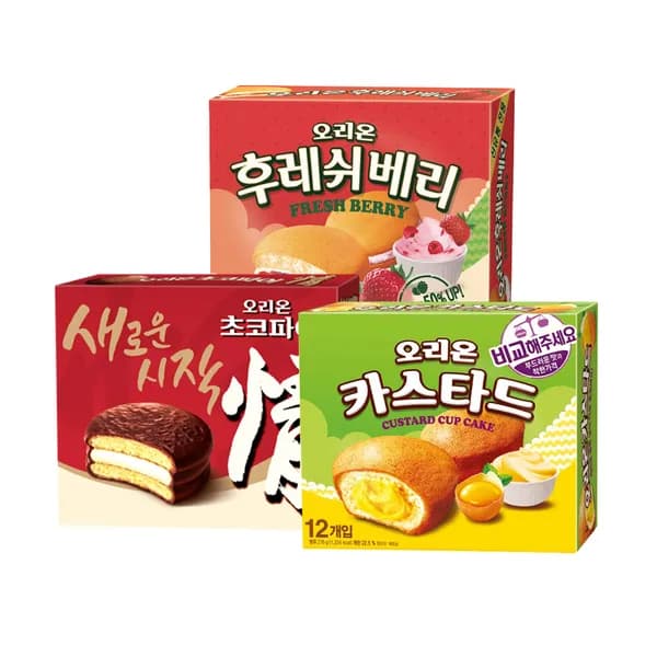 오리온 초코파이정 39g 12개입 + 카스타드 23g 12개입 + 후레쉬베리 28g 12개입 3개 세트 오리온 초코파이정 39g 12개입 + 카스타드 23g 12개입 + 후레쉬베리 28g 12개입 3개 세트